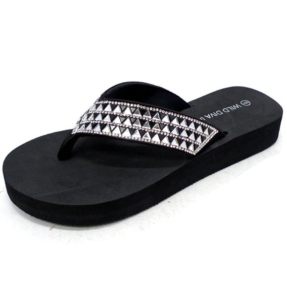 Black Rhinestone Flip Flop Platform Thong Sandals - Picture 1 of 4